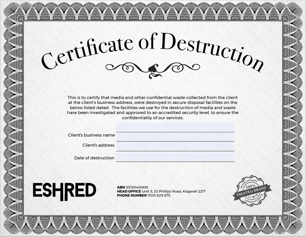 Certificate of destruction